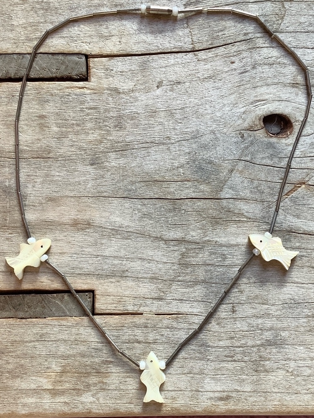 Vintage Liquid Silver and Mother of Pearl Zuni Carved Fetish Fish Necklace